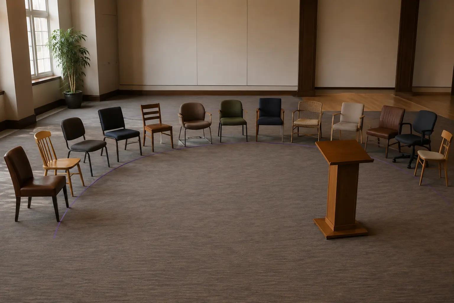 Empty chairs arranged in a broad discussion circle