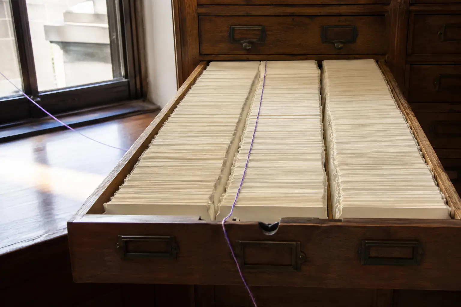 Open wooden archive drawer filled with rows of blank issue folders